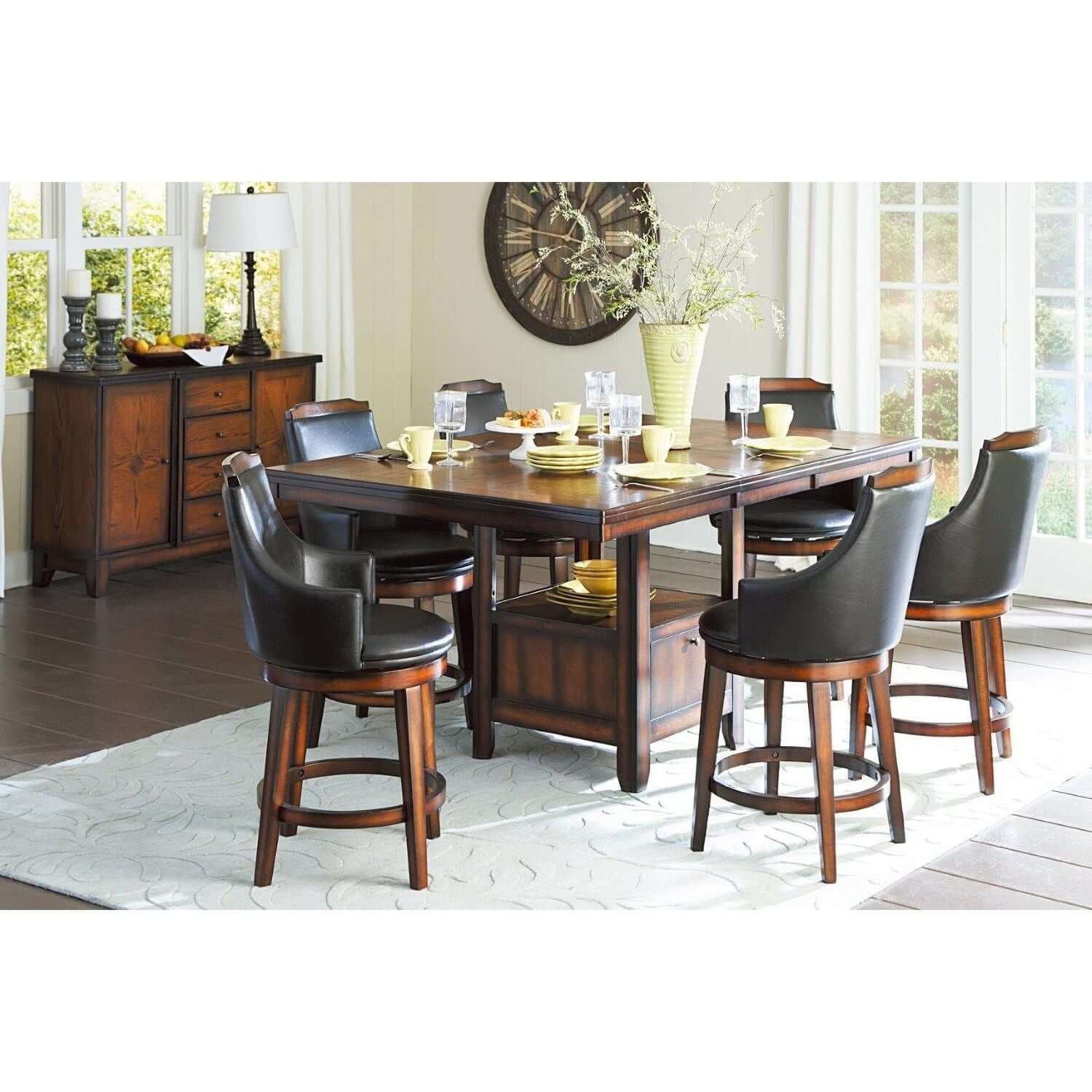 Wood & Leather Bar Height Chair With Swivel Mechanism, Oak Brown & Black, Set Of 2