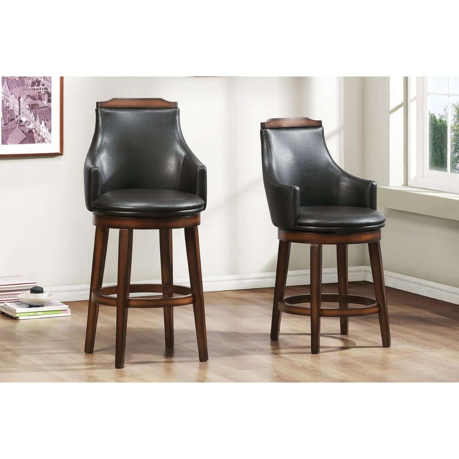 Wood & Leather Bar Height Chair With Swivel Mechanism, Oak Brown & Black, Set Of 2