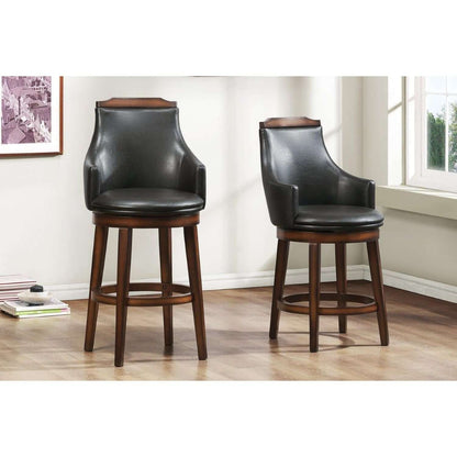 Wood & Leather Bar Height Chair With Swivel Mechanism, Oak Brown & Black, Set Of 2