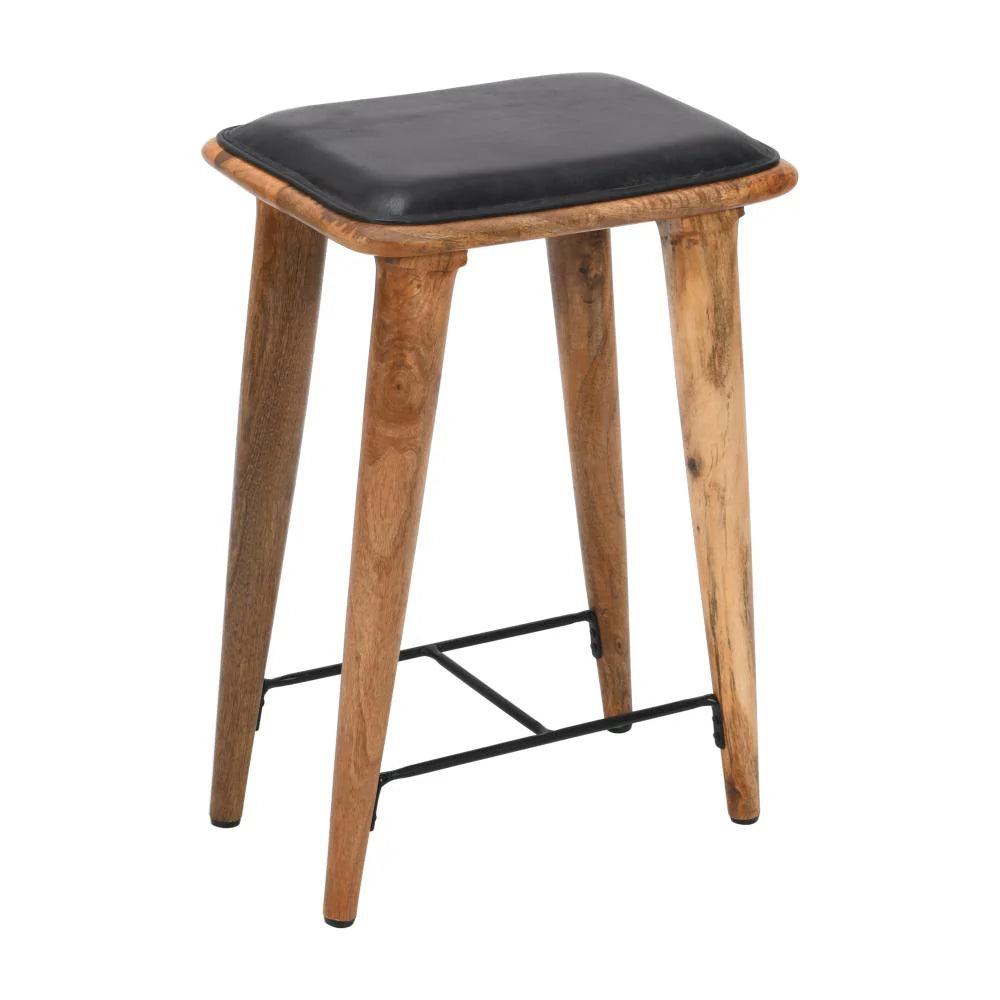 25-Inch Bar Stool: Genuine Leather Seat with Mango Wood Frame – Ideal for Your Home Bar