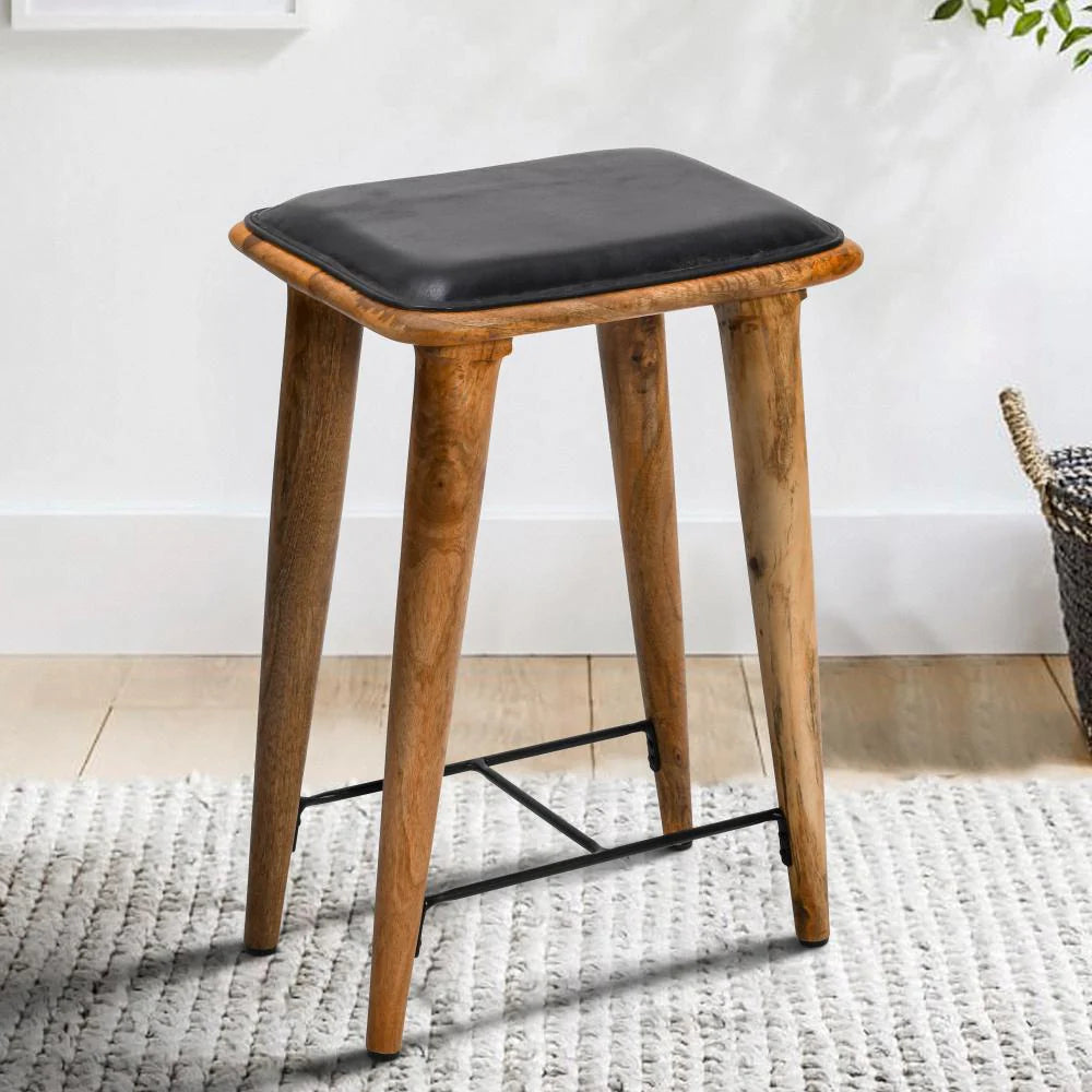 25-Inch Bar Stool: Genuine Leather Seat with Mango Wood Frame – Ideal for Your Home Bar